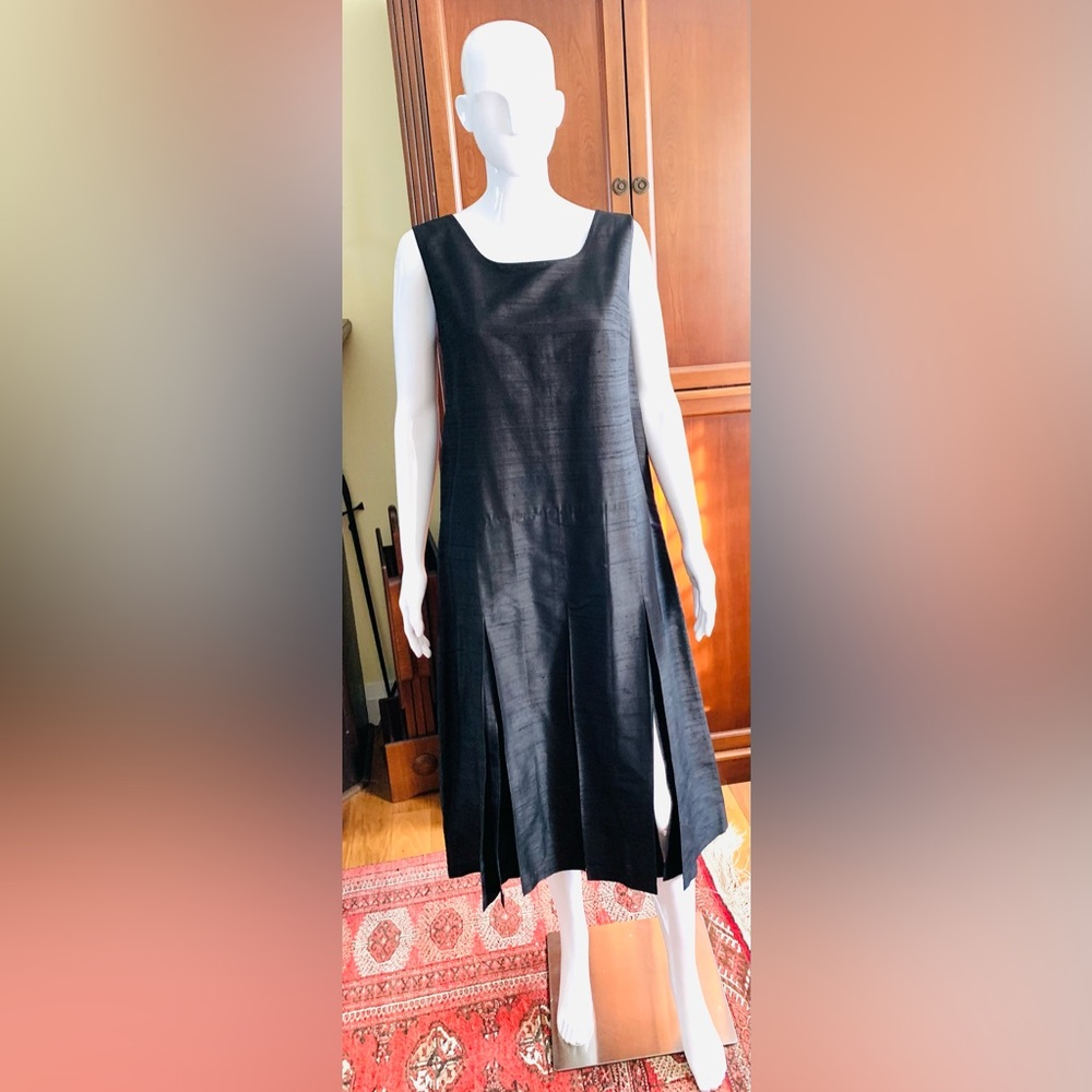 Shiny Black silk dress & short blazer 2 Pc suit pleaded dress with slits US 12